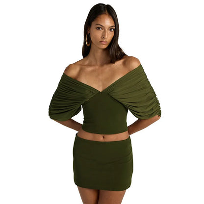 Summer Vintage Elegant 2 Piece Set Women One Shoulder Off Backless Ruched Waist Pleated Casual Suit