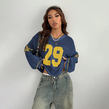 Y2K Style Sports Jersey Women's Knitted Tops Fashionable Digital Printed Round Neck Long Sleeve Jumper 2025 Summer Street Trend
