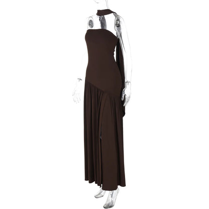 Women Solid Color Strapless Dress Slim Fit Split Backless Elegant Ribbon Midi Dress Fashion Evening Party Formal Dresses