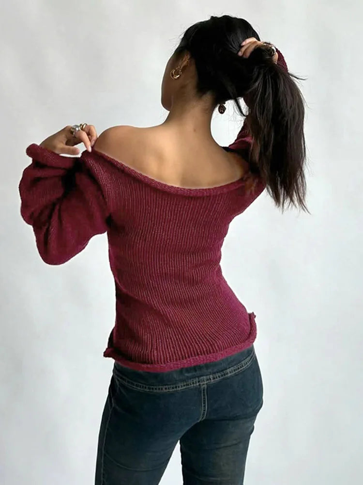 Casual Pullover Women Long Sleeve Y2K Knitted Sweater Tops Sexy Off Shoulder Club Fashion 2025 Winter Jumpers Sweater