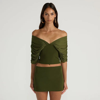 Summer Vintage Elegant 2 Piece Set Women One Shoulder Off Backless Ruched Waist Pleated Casual Suit