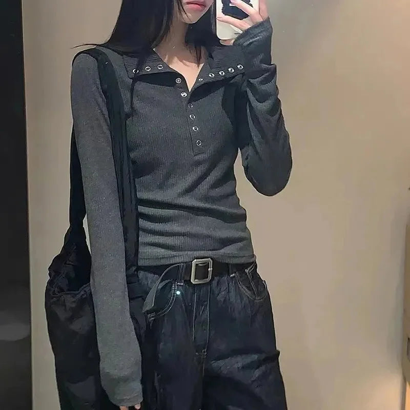 Women's Y2K Knitted Sweater Long Sleeve Slim Fit Pullover Top for Autumn Winter Versatile Bottoming Layer All Match Design