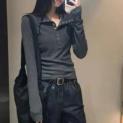 Women's Y2K Knitted Sweater Long Sleeve Slim Fit Pullover Top for Autumn Winter Versatile Bottoming Layer All Match Design