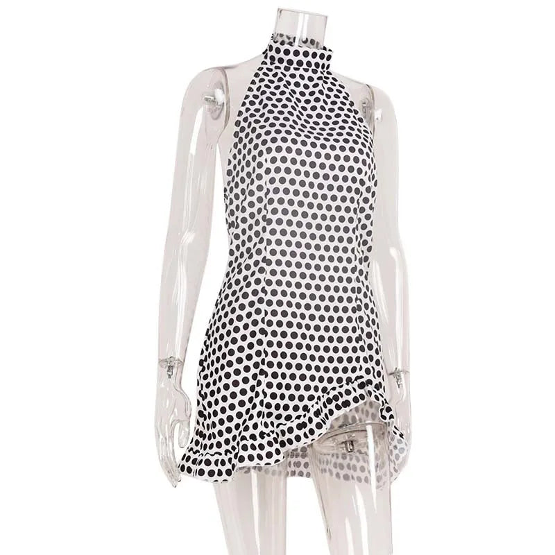 2026 Summer Polka Dot Halter Dress Women High Waist Backless Mini Dress Casual Party Short Dresses