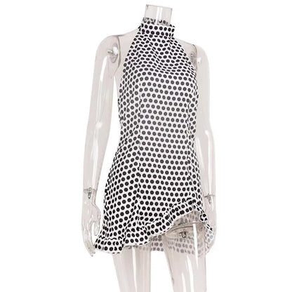 2026 Summer Polka Dot Halter Dress Women High Waist Backless Mini Dress Casual Party Short Dresses