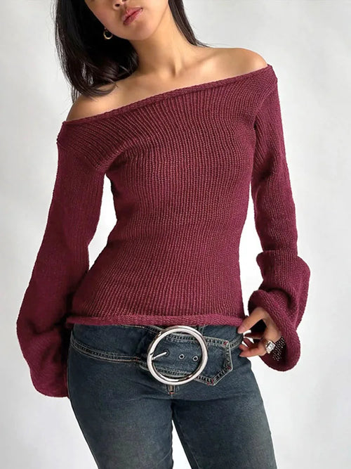 Casual Pullover Women Long Sleeve Y2K Knitted Sweater Tops Sexy Off Shoulder Club Fashion 2025 Winter Jumpers Sweater