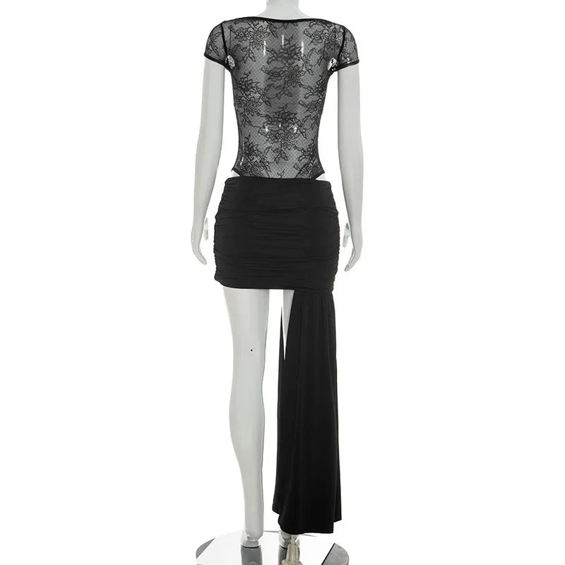 Spring Summer Women 2 Piece Dress Set Sexy Lace Patchwork Ruffle Ribbon Skirt Outfit Party Dress
