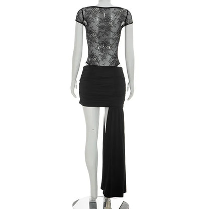 Spring Summer Women 2 Piece Dress Set Sexy Lace Patchwork Ruffle Ribbon Skirt Outfit Party Dress