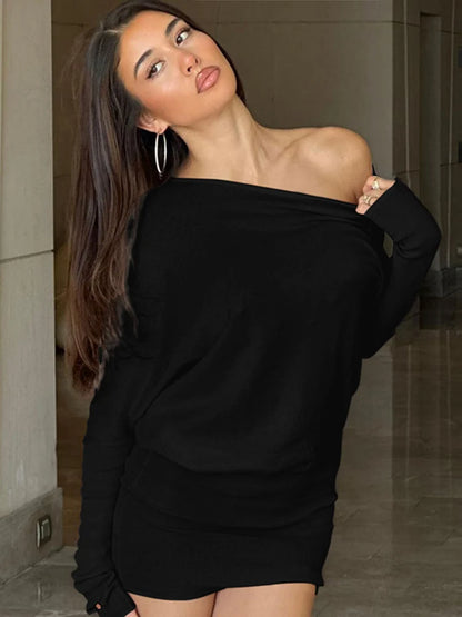 Off Shoulder Sexy Mini Dress Women Oblique Neck Long Sleeve Bodycon Dress Fall Winter Sexy Short Party Club Dresses