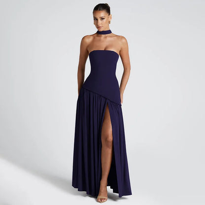 Women Solid Color Strapless Dress Slim Fit Split Backless Elegant Ribbon Midi Dress Fashion Evening Party Formal Dresses
