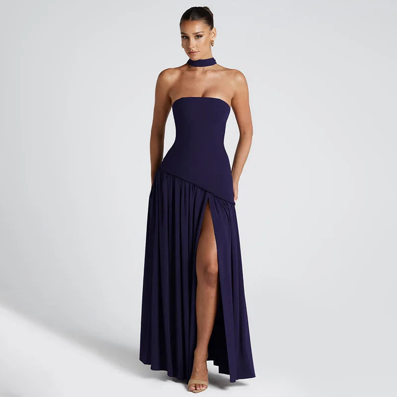 Women Solid Color Strapless Dress Slim Fit Split Backless Elegant Ribbon Midi Dress Fashion Evening Party Formal Dresses